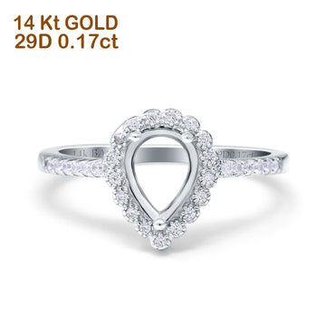 14K White Gold 0.17ct Teardrop Pear Halo 8mmx6mm G SI Semi Mount Diamond Engagement Wedding Ring Size 6.5